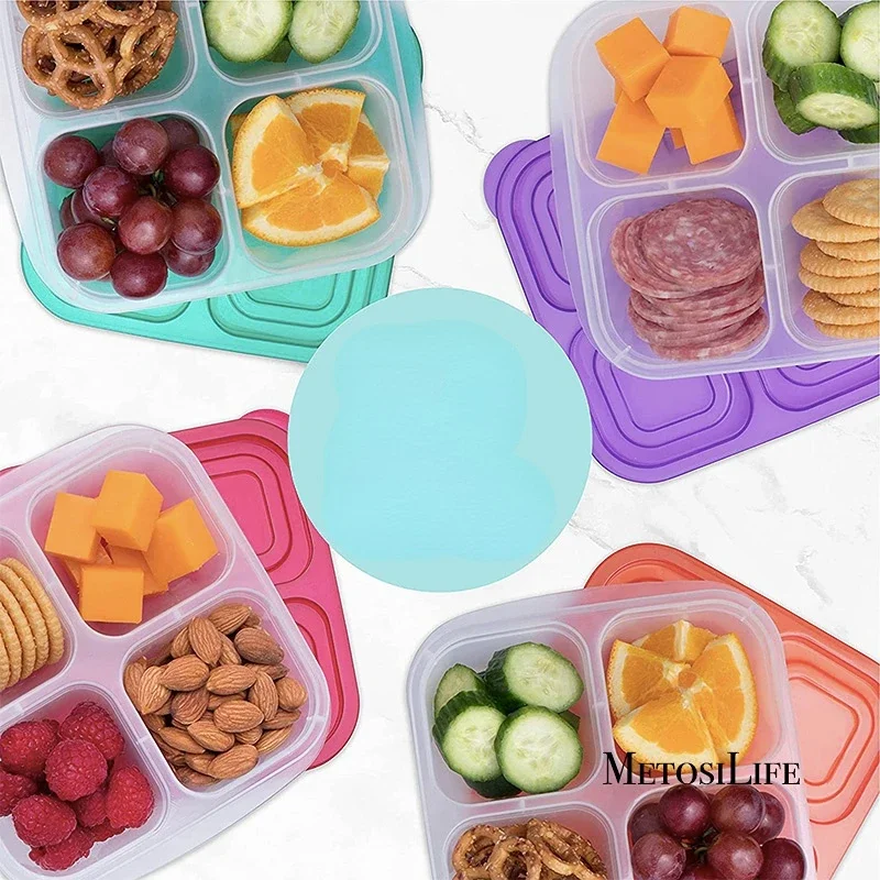Food Snacks For School - พลาสติก Bento กล่องขนมนํากลับมาใช้ใหม่ 4 ช่อง LeakProof