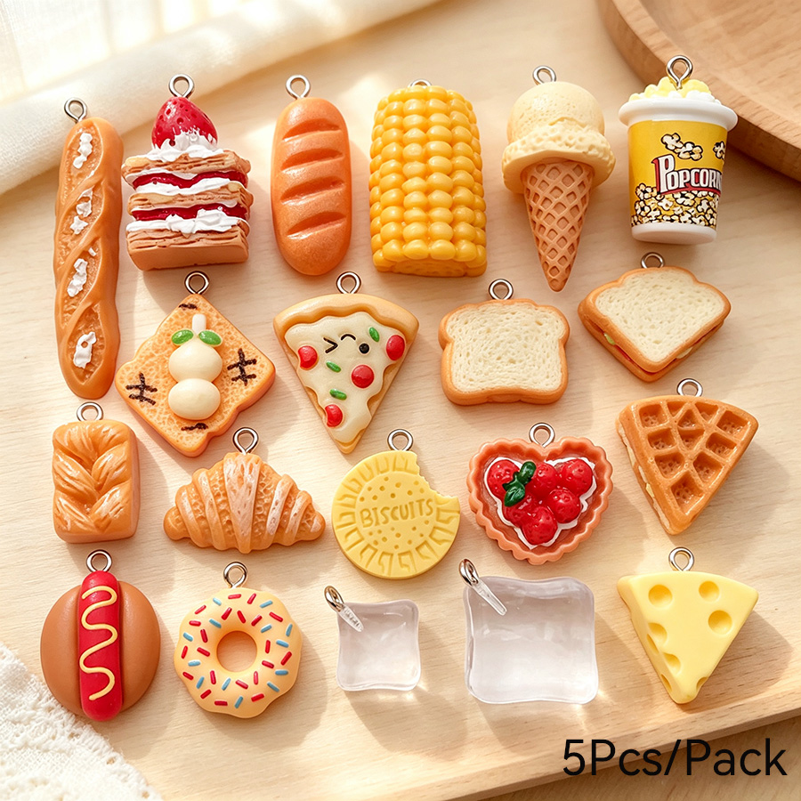 Food Zinc - จี้เรซิ่นรูปอาหาร 5 ชิ้น/แพ็ค สำหรับทำเครื่องประดับ ขนมปัง เค้ก