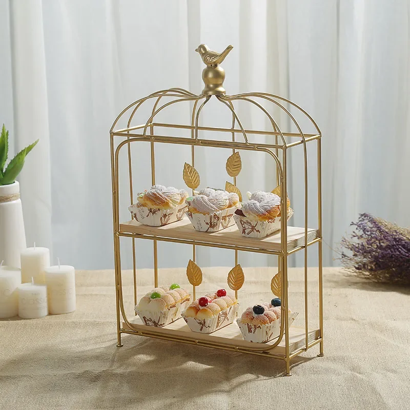 Food Snacks With Iron - - Double Birdcage ไม้โต๊ะขนมหวานเครื่องประดับถาดอาหารเย็นเค้กขาตั้งบุฟเฟ่ต์ Snack Rack