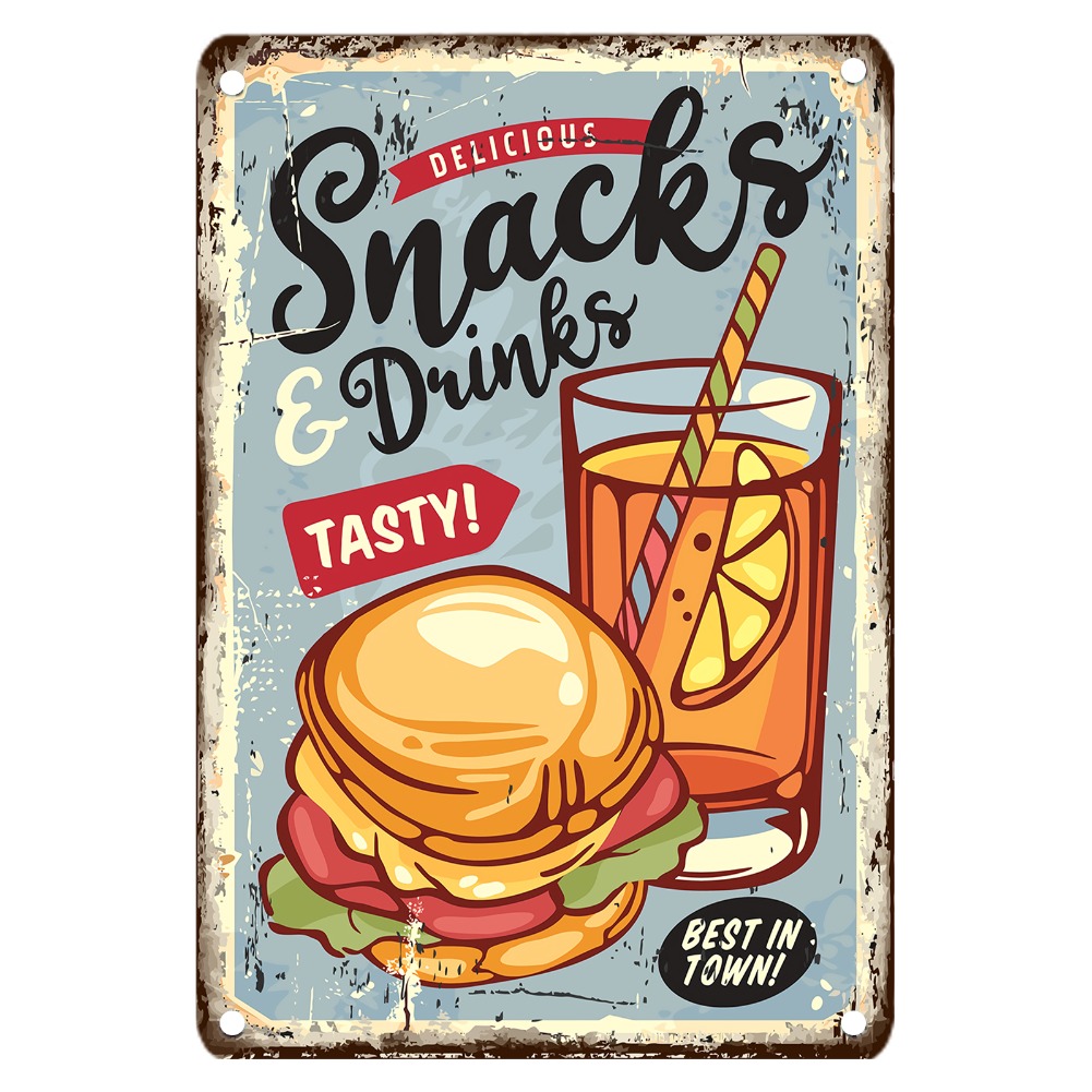 Food Snacks With Iron - ป้ายโลหะวินเทจลายอาหาร ขนาด 12x8 นิ้ว ของตกแต่งผนังเหล็ก ดีไซน์ขนมและเครื่องดื่มย้อนยุค