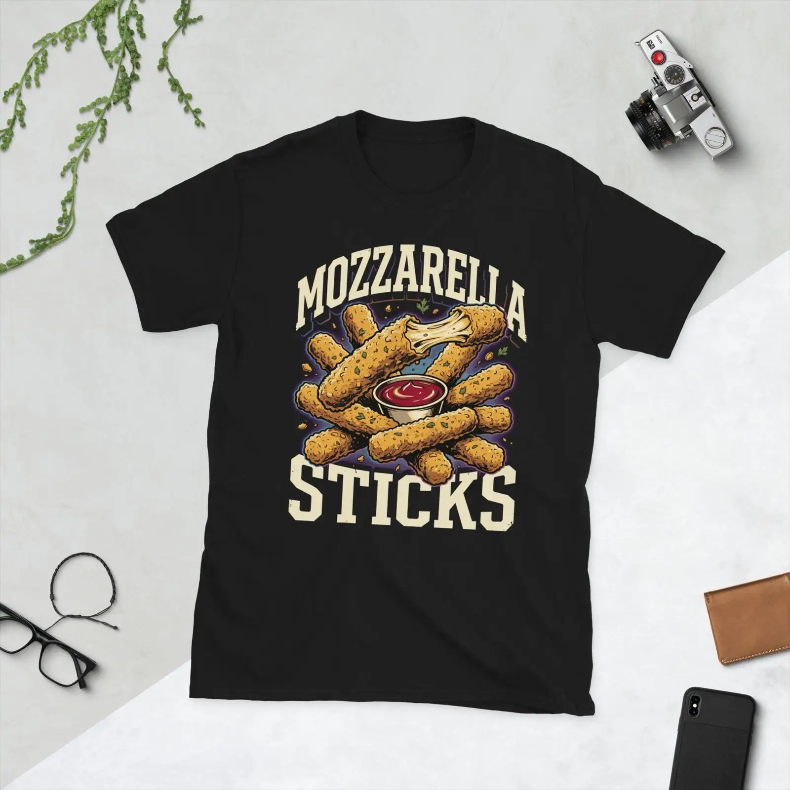 Food Lovers Snacks - เสื้อยืดลายอาหารจานด่วนสุดฮา สไตล์วินเทจ มอสซาเรลล่าสติ๊ก ของที่ระลึกสำหรับคนรักขนมยุค 90s มีมวินเทจ